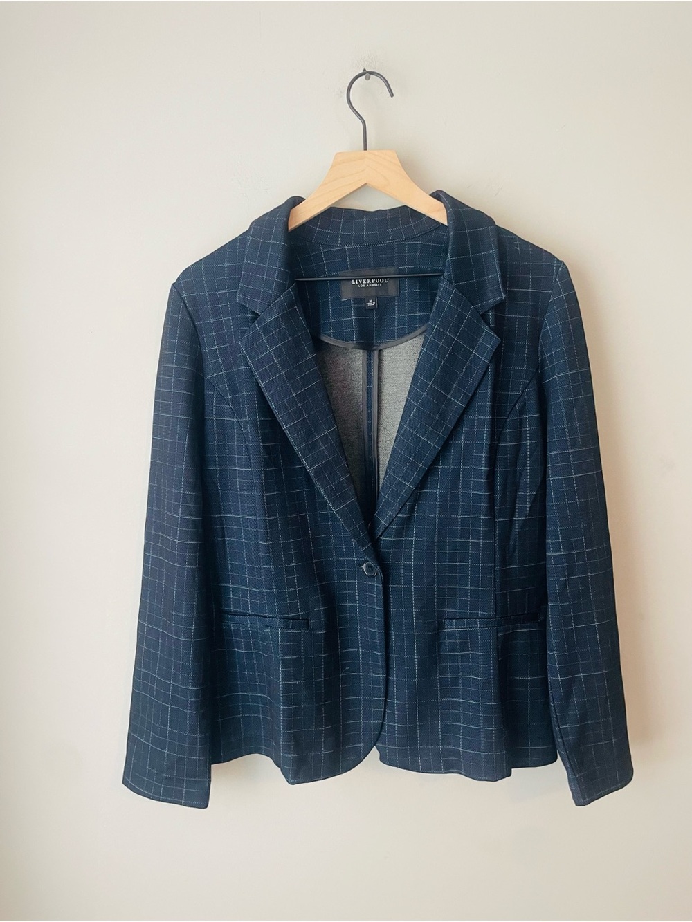 Liverpool Plaid Knit Navy Windowpane Single-Button Blazer